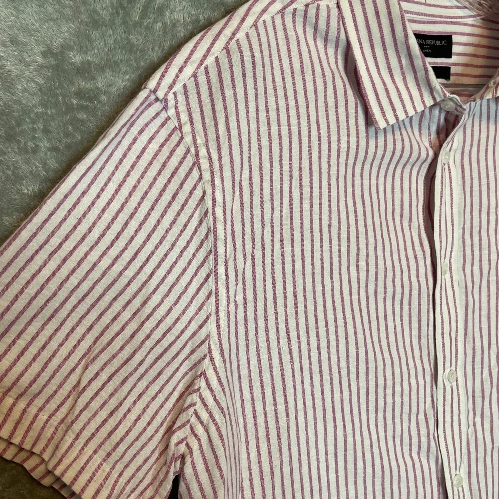 Banana Republic Men XL Linen Cotton Blend Short Sleeve Striped Slim Fit Shirt